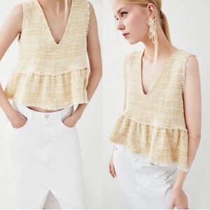 Zara Cream and Tan Textured Sleeveless Babydoll Crop Top size L